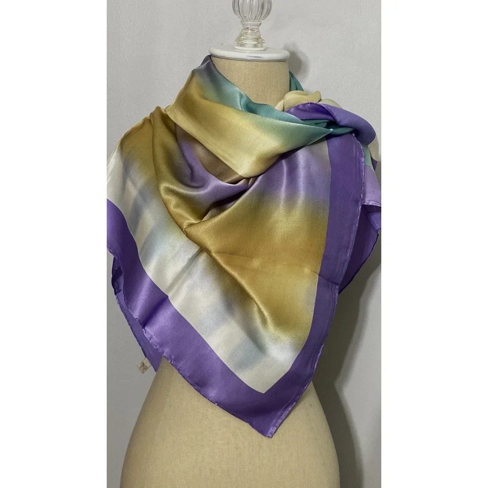 AKER Vtg 100% Pure Silk Scarf Hand Rolled Hem Vibrant Diagonal Gradient Colors